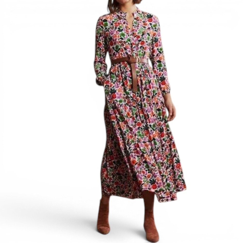 Boden Tiered Maxi Shirt Dress Womens 8 Ivory Floral Long Sleeve Cottagecore NEW